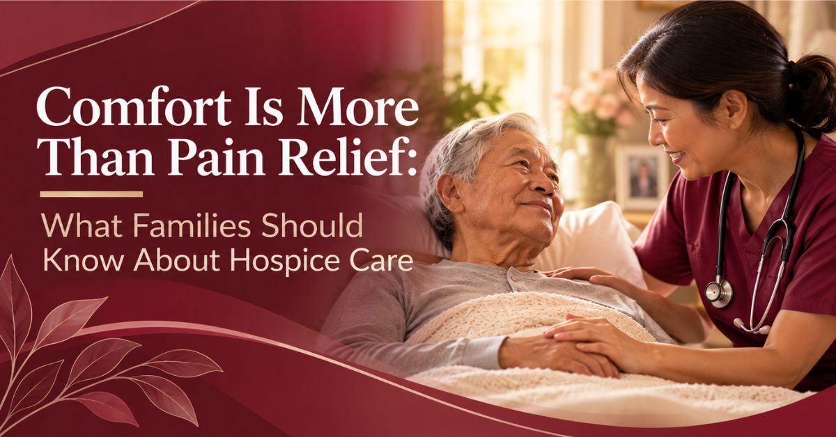 Compassionate-hospice-nurse-in-burgundy-scrubs-comforting-an-elderly-patient-at-home-illustrating-how-hospice-care-provides-emotional-support-dignity-and-comfort-beyond-pain-relief