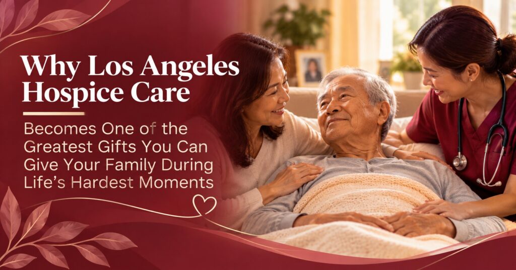 Elderly-hospice-patient-resting-comfortably-at-home-with-his-daughter-and-a-nurse-in-maroon-scrubs-highlighting-compassionate-Los-Angeles-hospice-care-family-support-dignity-and-quality-of-life