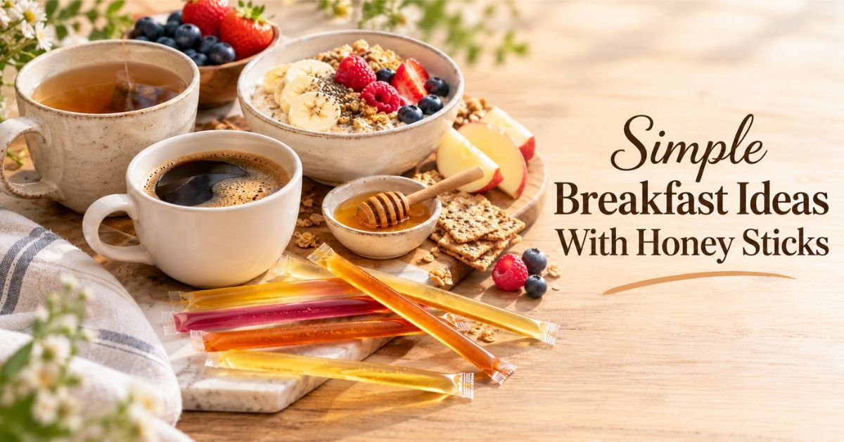 Honey-sticks-with-tea-coffee-oatmeal-fruit-crackers-and-breakfast-foods-on-a-bright-table